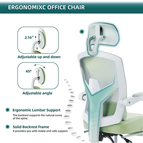 Image of DUMOS Office Desk Computer Chair with Footrest, Ergonomic Mesh Swivel Gaming Chair with Rolling Wheels, Comfortable Headrest, Lumbar Support, Comfy for Home, Office, Task, Student, Elegant Green