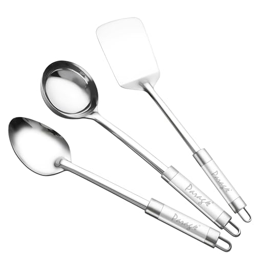 Parage 3 Pieces Stainless Steel Kitchen Tools for Home & Kitchen, Cooking & Serving, Basting Spoon (Chamcha), Ladle(Karchhi), Turner/Spatula (Palta), Dual Tone Handle Kitchen Gadgets, Silver