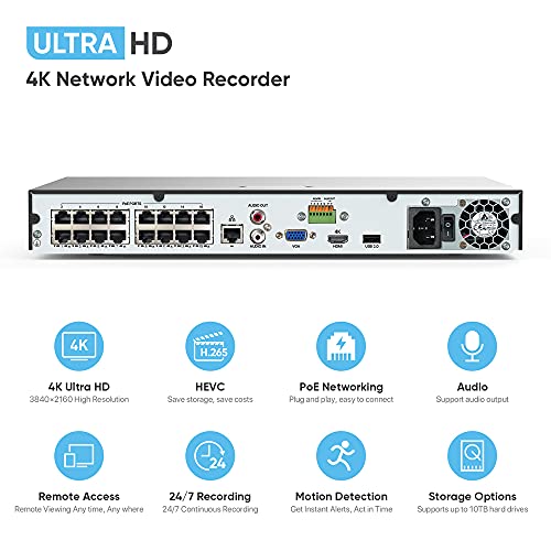 H.view (16Ch 4K/8Mp/6Mp/5Mp/4Mp/3Mp/1080P/720P) Network Video Recorder, 16 Channel Poe Nvr - Supports Up To 16 X 4K Ip Cameras, Hard Drive Not Included (Supports Up To 2X10Tb) #TOP5