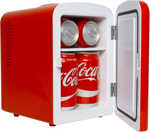 Mini Fridge For Bedrooms 4L Small Fridge 6 Can Table Top Quiet Mini Fridges For Skincare Office Food Drinks Kids Home Car & Travel 12v Portable Cooler Warmer Refrigerator by Coca-Cola, PB Red