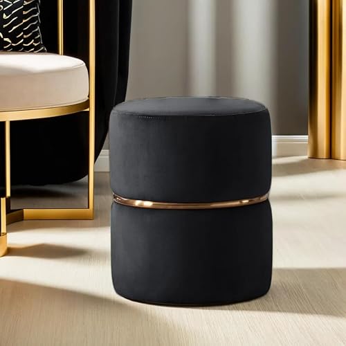 Image of Upholstered Velvet Round singal Strip Office Foot Rest Stool Round Padded Seat Pouf Ottoman for Living Room with Linen Fabric (Black)