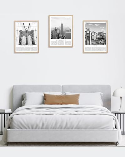 HesenDot New York Natural OAK Wood Framed City Wall Art,12x16in City Skyline Canvas Wall Print Poster,Black and White Modern Urban Landmark Wall Decor for Living Room Bedroom Office Gallery,Set of 1