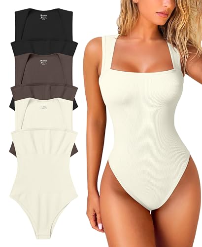 OQQ Women's 3 Piece Bodysuits Sexy Ribbed Strappy Square Neck Sleeveless Tummy Control Tank Tops Bodysuits
