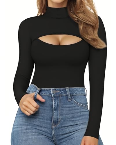 MANGOPOP Mock Neck Cutout Front Top Long Sleeve Sleeveless Bodysuits for Women - Image 3