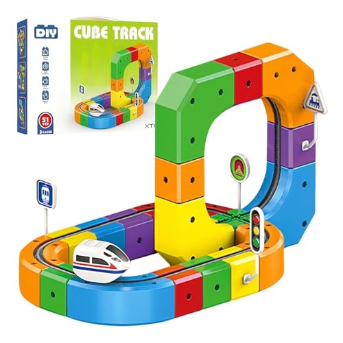 Image of DIY Cube Track Magic Rail Train Set,Educational Building Track Toy for Kids Multicolour, for Ages 3+, Loop, Arch and Multi-Layer Tracks (51 Pcs Block Set)