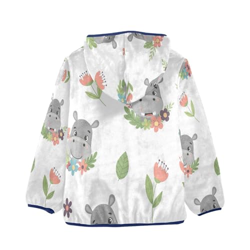 Cute Hippo Floral Pattern Toddler Fleece Jacket Girl Boys Hooded Fleece Jacket Coat Warm Outwear Zip-up 3-10T2