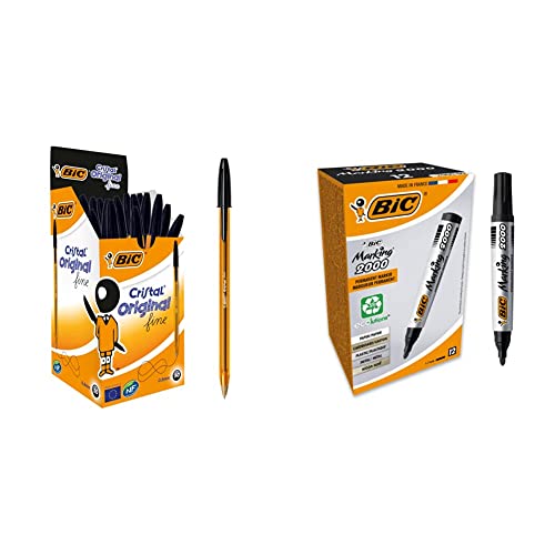 BIC Ecriture Cristal Original stylos-bille pointe fine noire et marqueurs permanents 2000