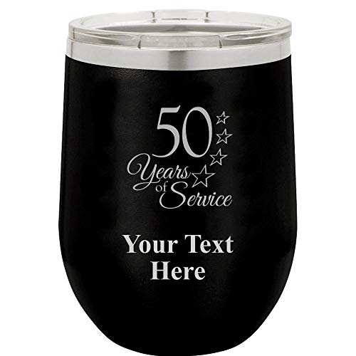 50 Years Of Service Recognition Gifts - 12oz Black Stainless Steel Hot/Cold Travel Wine Tumbler with Clear Lid - Great Customizable Gift And BPA Free Prime