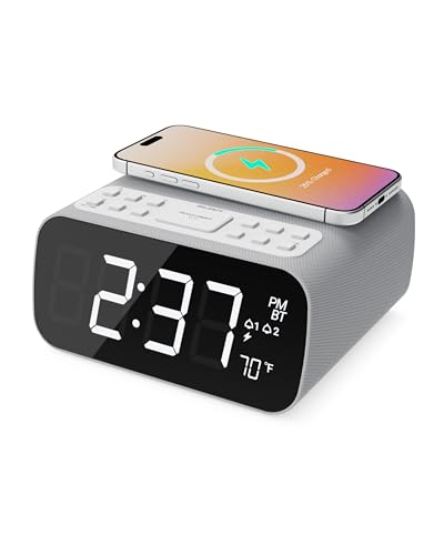 Majority Bluetooth Alarm Clocks with Wireless Charging | Bedside Clock for Bedroom with 10W Power FM Radio | Large Screen Display, Loud Alarm for Heavy Sleepers, and Display Backlit Dimmable Darwin