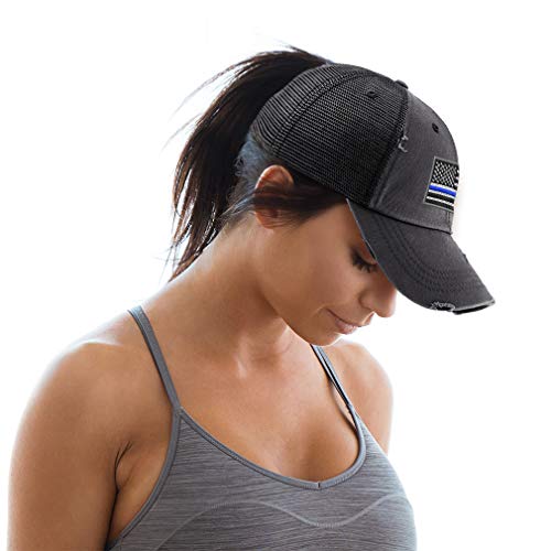 Speedy Pros Womens Ponytail Cap American Flag Thin Blue Line Embroidery Cotton Messy Bun Distressed Trucker Hats Strap Closure Black Design Only #TOP3