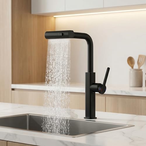 Image of InArt 360 Rotatable Brass Kitchen Faucet, Pull Out Kitchen Faucet with Waterfall Design (Black Matt)
