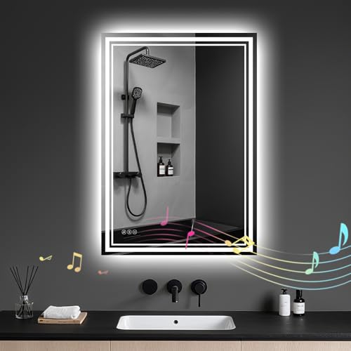 Archaluxe Miroir de salle de bain avec lumière LED : 45 x 60 cm - Fixation murale - Bluetooth -...