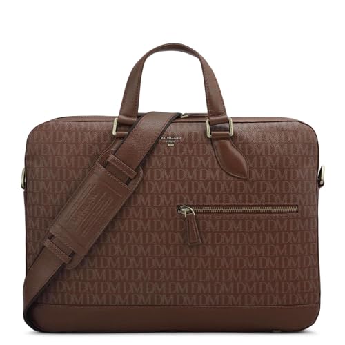 Image of Da Milano Genuine Leather Laptop Bag for Men & Women | Brown Office Briefcase Fits 14 inch Laptop | Business Work Bag with Card Slots, Zip Pockets & Detachable Shoulder Strap