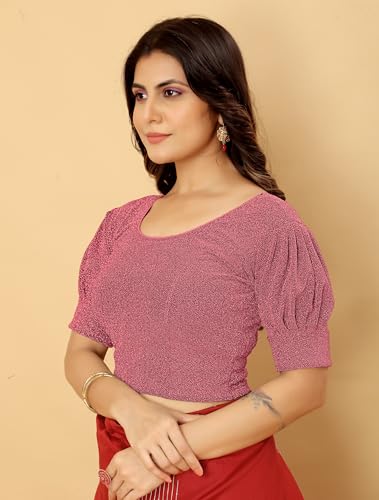 Image of Amazon Brand - Anarva Women's Readymade Shining Lycra Stretchable Round Neck Half Sleeve Blouses