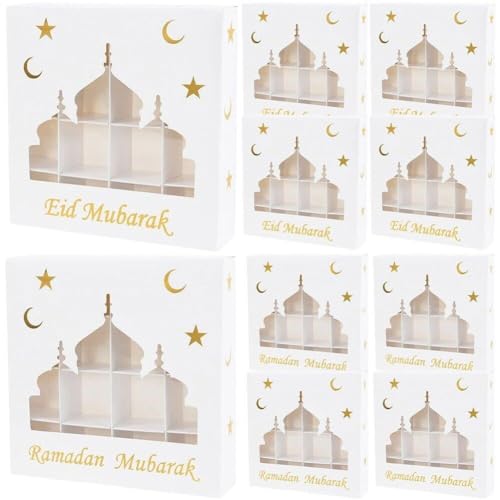 Luxylei Caja De Dulces Eid Mubarak De 16 Rejillas, 10 Unidades/Juego, Caja De Embalaje De Chocolate, Cajas De Regalo De Papel para Decoraciones De Fiesta Musulmana De Ramadán Mubarak