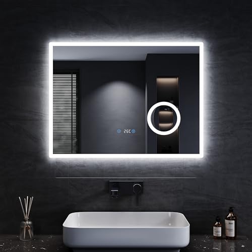 SONNI Espejo de Baño con Iluminación 80 x 60 cm Espejo de Baño LED Antiniebla Espejo de Baño con Interruptor Táctil Espejo Montado en La Pared Temperatura del Reloj 3 Veces Amplificada