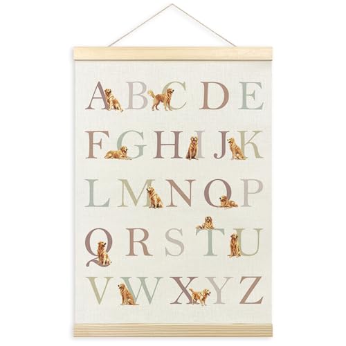 TLESKE Golden Retriever Alphabet ABC Chart Poster Hanger Frame Homeschool Preschool Hanging Wall Art Decor for Golden Retriever Lover Kid Room Nursery Playroom Dog ABC Picture 12x16