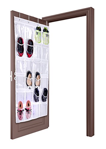 lebogner Over The Door Hanging Shoe Storage Organizer 24 Clear Reinforced Vinyl Pouches, Store Up to 12 Pairs of Shoes, White Space Saving Closet Accessories Organizer, Sturdy Shoe Organizer