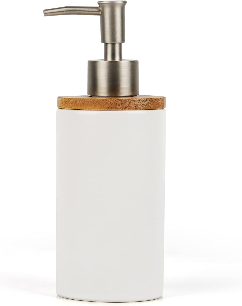 Ceramic Hand Soap Dispenser with Bamboo Lid, White | Soap Dispenser Bathroom Great for Kitchen & Bathroom Decorative