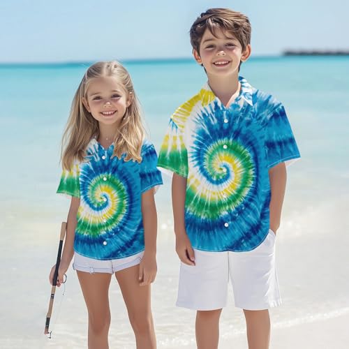 Image of Kids Tie-dye Hawaiian Shirt 80s Button Down Retro Short Sleeve Casual Beach Tropical Funny Party Outfits for Boys
