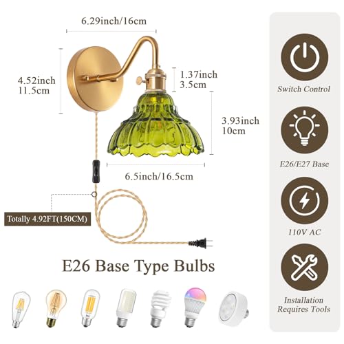 Image of Plug-in Wall Sconce (Set of 2), Vintage Wall Decorative Lamp with Green Glass Shade, Indoor Brass Plug-in Wall Sconce for Bedroom, Living Room, Bathroom, Hallway
