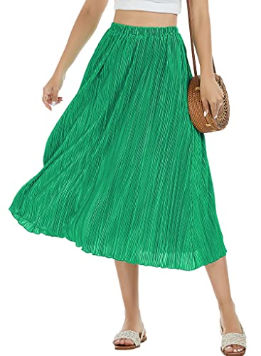 Ranphee Green Midi Skirts For Women Summer Dressy Casual Trendy Elastic Waist Calf Length A Line Flowy Flare Ladies Skirt With Pockets S #TOP4