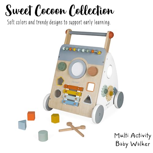 Janod - Sweet Cocoon Multi-Activity Laufwagen - Lauflernwagen aus Holz - 9 Aktivitäten - Leise Räder, Wasserbasierte Farben - Kinderspielzeug ab 1 Jahr, J04410