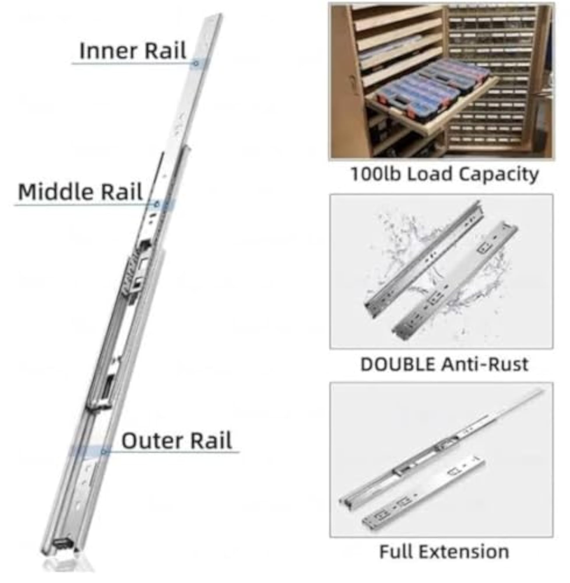 Stainless Steel Telescopic Drawer Slides, 14 Inch, 1 Pair
