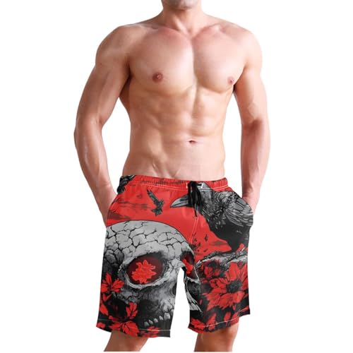 Men Swim Trunks-Gothic Skull Crow, Beach Shorts with Inner Lining Quick Dry Board Shorts S3