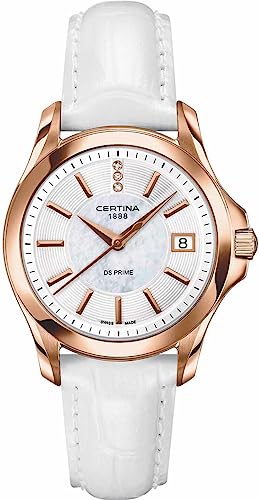 Certina - Reloj Analógico de Cuarzo para Mujer, Correa de Cuero Color Blanco