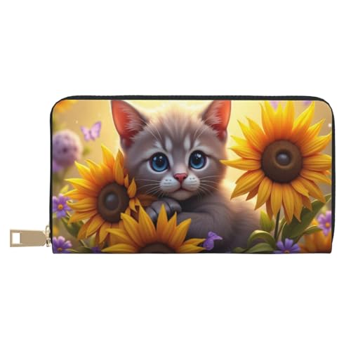 Cute Yellow Sunflower Cat Print Wallet Women, Leather Bifold Multi Card Wallet, Long Purse Women's Wallets