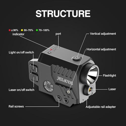 Image of Solofish 800 Lumens Pistol Light Laser Combo, Strobe Function for Green /Red /Blue Laser and Tactical Light with Slidable Rail Fits Guns w /Rail