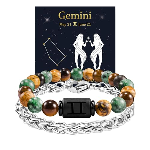 FANCIBAND Zodiac Bracelet for Men Women, 2pcs Stainless Steel Chain Bracelet and 8mm Natural Tiger Eye Stone Beads Bracelets with Zodiac Stone, Bracelet, 23cm, Stone, Agate