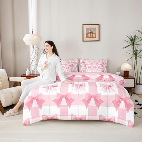 Image of Pink Bow King Size Comforter Set with Sheets | Cute Ribbon Bowknot 7 Piece Bedding Set Princess Bow Tie Bed in a Bag, Dreamy Pink Plaid Bowknot Room Decor,Kawaii Room Decor Aesthetic
