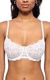 Emma Underwire Lace Bra, Unpadded Sheer Lingerie for Women, Perfect Everyday Balconette Demi Bra (34D, White)
