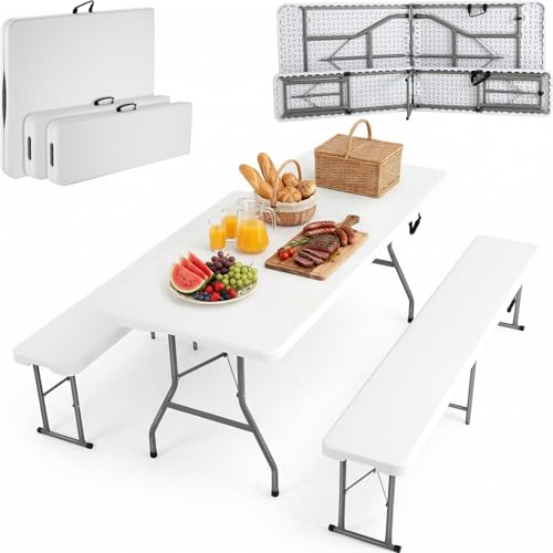 Bierzeltgarnitur Klappbar 3-teilig Set 1 Biertisch & 2pcs Bierbank Klappbar,Festzeltgarnitur Biertischgarnitur 183cm mit Tragegriff,Gartenmöbel Set Wetterfest,Campingtisch Outdoor & Indoor,Weiß