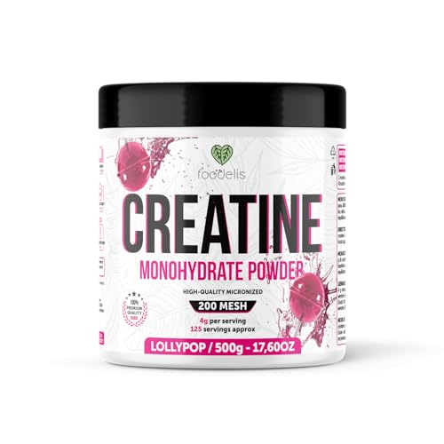Foodelis Creatina Monohidratada en Polvo 500 g – Sabor Lollipop – 100% Creatina Micronizada – Alta Pureza – Sin Aditivos – Vegana – Alta Solubilidad – Incluye Dosificador