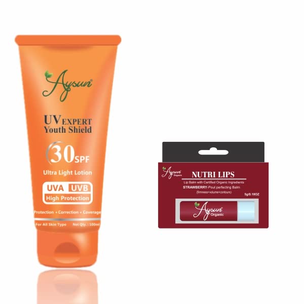 Aysun Combo Pack of UV Expert Youth Shield 30SPF & Strawberry Nutri Lip Balm Pack of 2