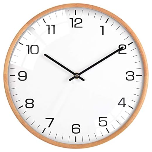 Driini Analog Dome Glass Wall Clock (12") - Wood Frame with White, Modern Face - Battery Operated with Non Ticking Hands - Large Decorative Clocks for Classroom, Office, Living Room, or Bedrooms.