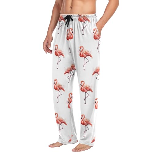 Flamingos White Straight-Fit Casual Loose Men's Separate Bottoms, Pajama Pants with Pockets S4