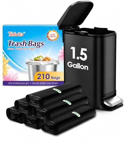 Teivio 1.5 Gallon(Fit 1.5-1.6 Gal)210 Counts Strong Trash Bags 1.5 Gallon 1.6 Gallon Garbage Bags Bathroom Trash Can Bin Liners Small Plastic Bags for home office kitchen Black