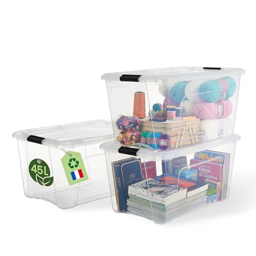 Iris Ohyama, Kunststoff-Aufbewahrungsbox mit Deckel, 45L, 3er-Set, Transparent, 98% recycelter Kunststoff, Verschlussclips, Griff, Stapelbar, Fürs Schlafzimmer, Ankleidezimmer, Büro, BPA-frei, BSB-45