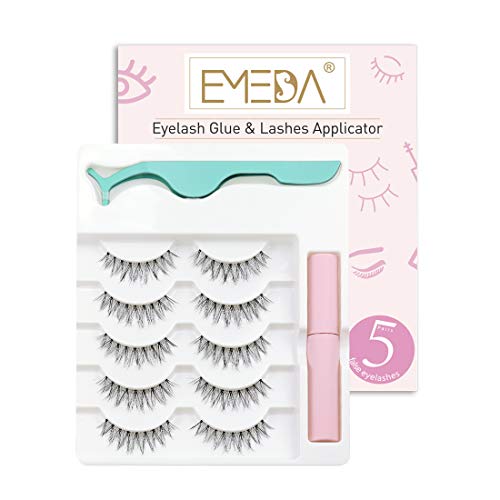 5 Pairs Fake Lashes Natural Look 3D Small Face Eyelashes Short Soft Fake Lashes 100% Handmade Lashes Wispies Reusable Eye Lash Transparent Band 1 Pack with Glue and Applicators by EMEDA