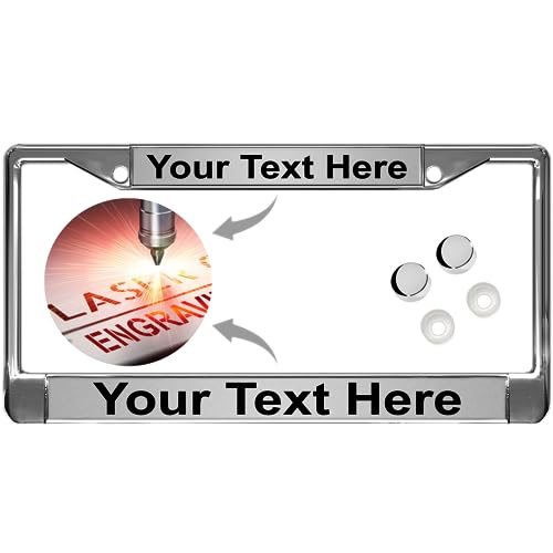 Image of Custom Personalized Chrome-Plated Metal Laser Engraved Standard Size - Car /Automobile License Plate Frame with Free caps - Silver /Black Text (Qty: 1 Frame)