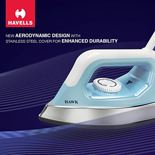 Havells Hawk 1100 watt Heavy Weight Dry Iron With American Heritage Non Stick Sole Plate, Aerodynamic Design, Easy Grip Temperature Knob & 2 years Warranty. (Blue & White)