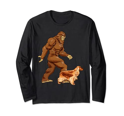 Funny Bigfoot Walking English Cocker Spaniel Sasquatch Dog Long Sleeve T-Shirt, Black