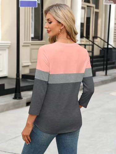 Women's V Neck 3/4 Sleeve Tops Color Block/Solid Shirts Basic Summer Tees4