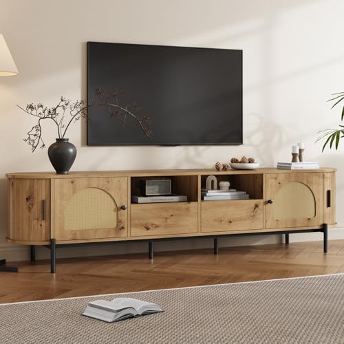 PUGSDRLY Meuble TV 200cm avec 2 Portes en Rotin, Meuble Salon Ovale Design Naturel, Support Télé avec 2 Portes Coulissantes et 2 Tiroirs, Pieds...