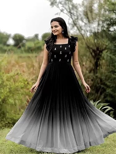 Image of LAZZLY Women's Georgette Ankle Length Dual Shaded Flared Embroidered Gown