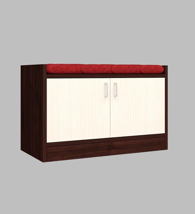 Image of 2 Door Wooden Shoe Rack with Cushioned Seating Bench for Entryway | Shoe Storage Cabinet with Doors for Home & Hallway | Space Saving Shoe Organizer Stand | Red Cushion Cream Brown | DIY Assembly